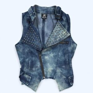 Y2K mid 2000s Studded acid-wash denim moto vest
